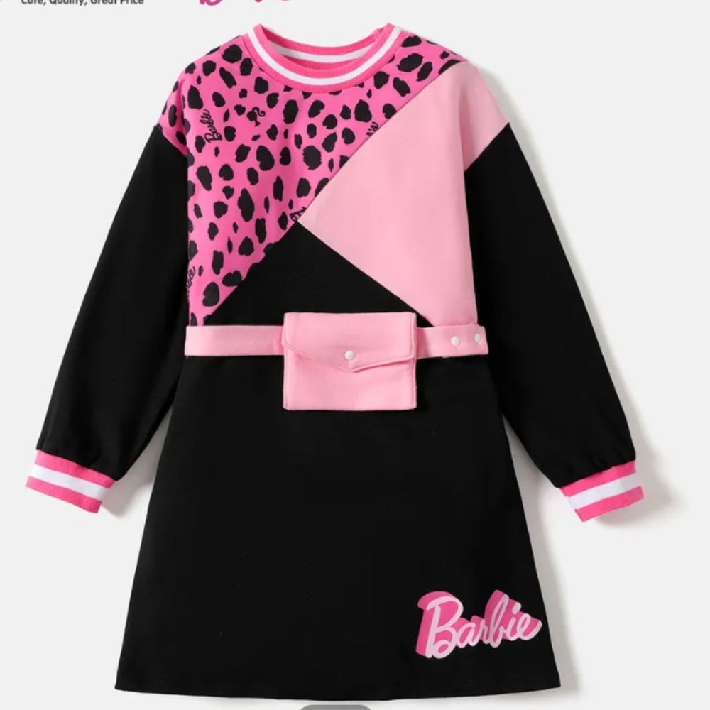 Barbie Kid Girl Leopard Print/Colorblock Waist Bag Design Sweatshirt Dress